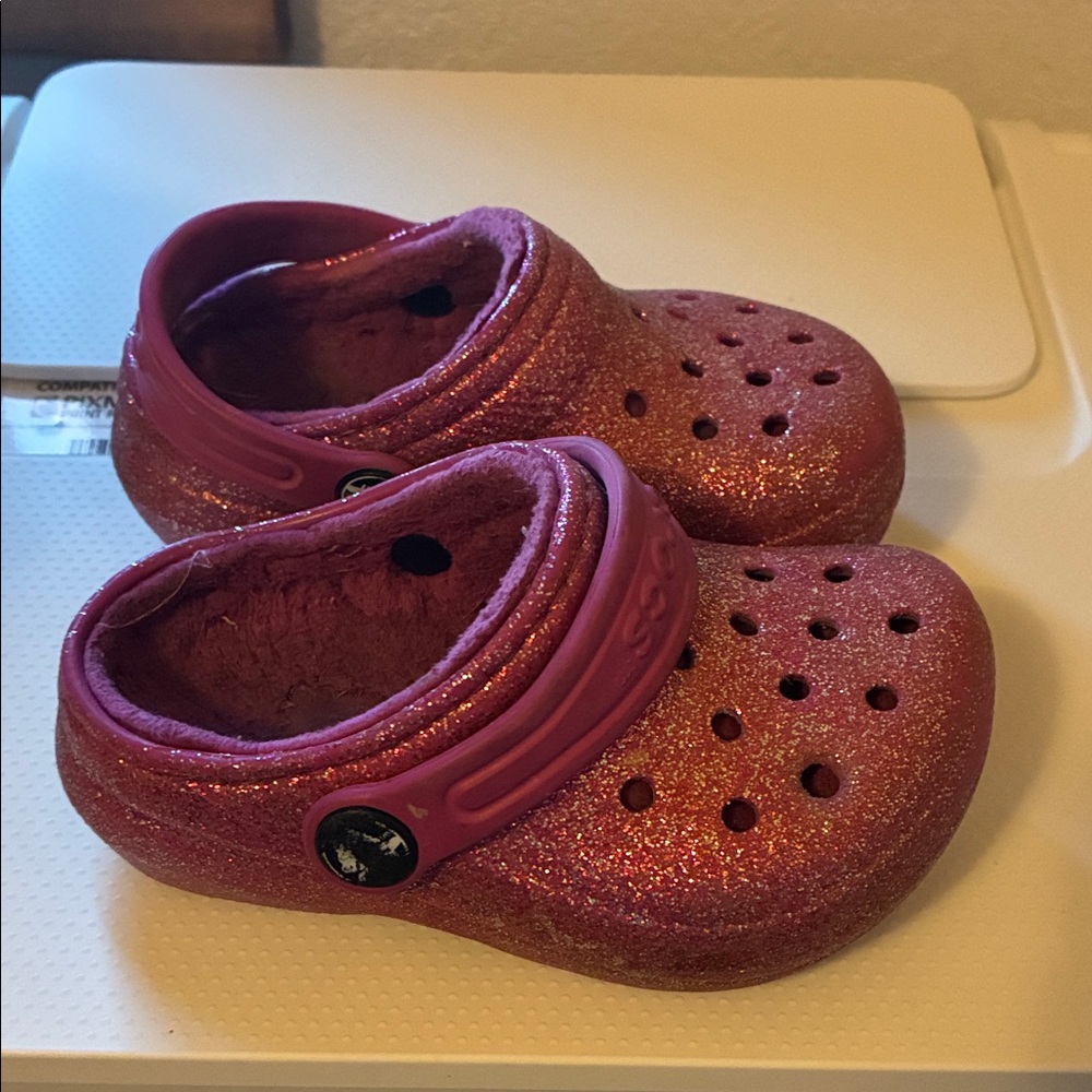CROCS Kids Glitter Slippers - Pink and Gold